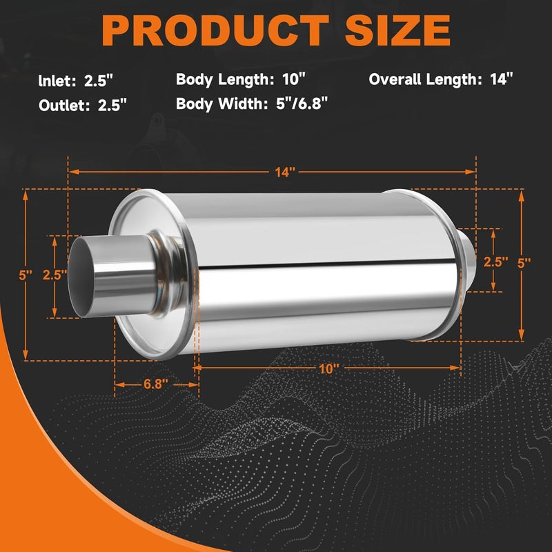 Piclafe 2.5'' Ultra Quiet Resonator, 304 Stainless Steel Muffler, 2.5'' Inlet & Outlet 14" Overall Length Universal Sliver Oval Performance Muffler Resonator - Image 2